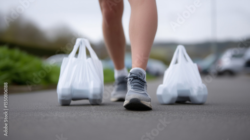 Sustainable shopping concept with person walking carrying eco friendly bags