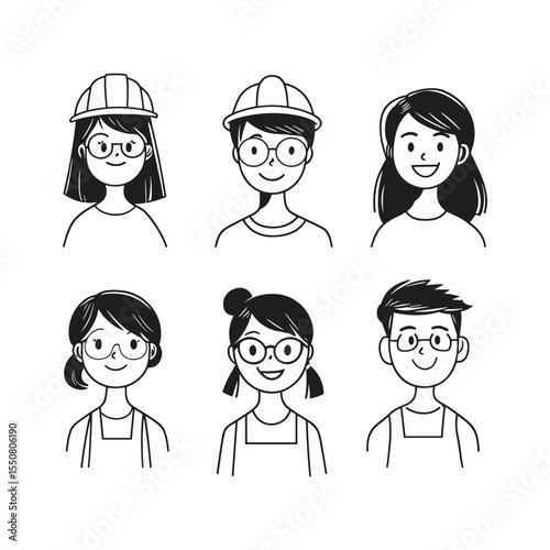 Cartoon avatars of professionals with safety helmets