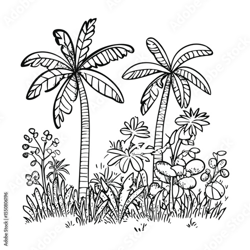 Line drawing of tropical plants and trees