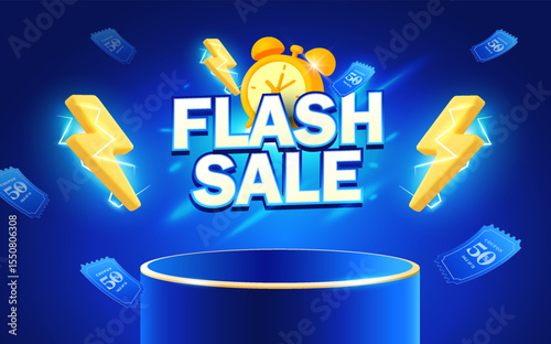 3d Flash sale banner template with lightning bolt, alarm clock, coupons flying around a stage or podium, isolated on background. 3d discount banner in vector illustration. Vector illustration