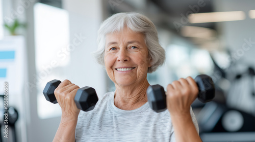 Happy senior woman doing strength training with dumbbells at modern gym