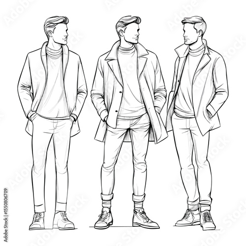 Fashionable men in casual outfits line art