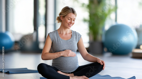Pregnant woman practicing prenatal yoga meditation in peaceful studio environment