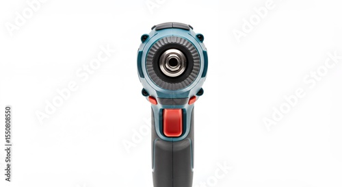 Teal grey power drill closeup against white background