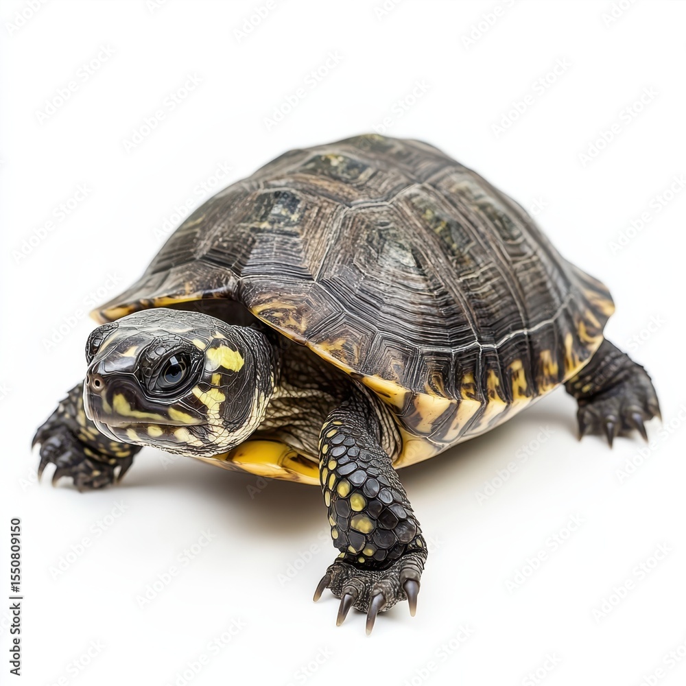 Obraz premium Close up of a small turtle with yellow markings on its shell and legs isolated on white background