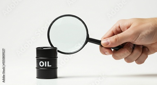 Oil barrel being inspected with magnifying glass indicating scrutiny or analysis of resources.