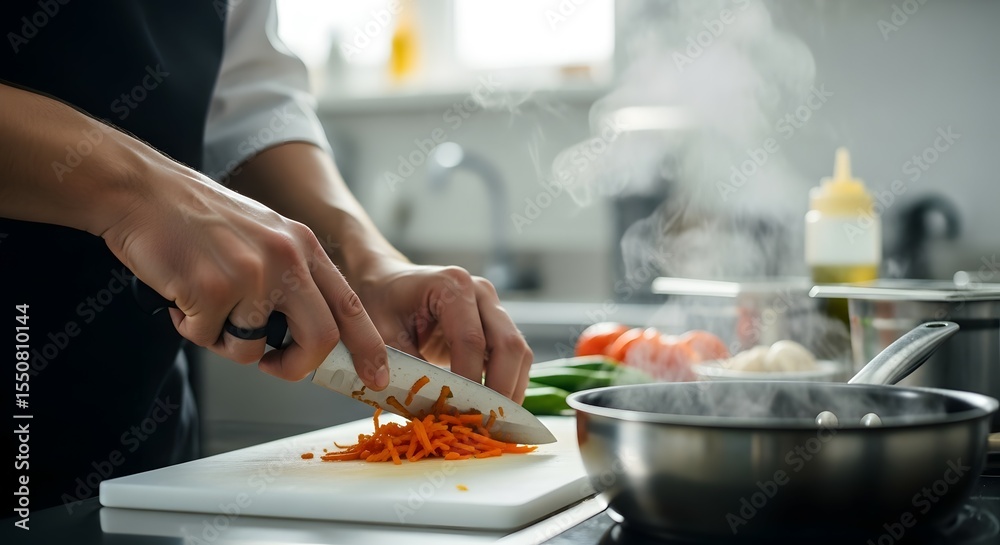 Naklejka premium Culinary Precision: Chef Slicing Vegetables
