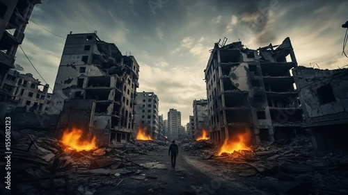 Walking Through War-Torn City with Burning Buildings and Cloudy Sky