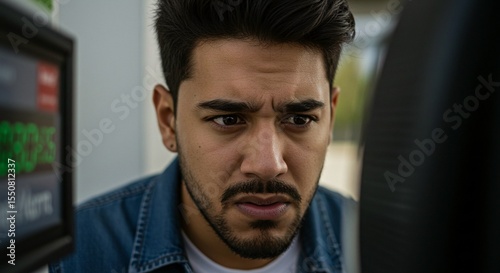 Concerned man looks at the display with disbelief, a mix of confusion and frustration on his face.