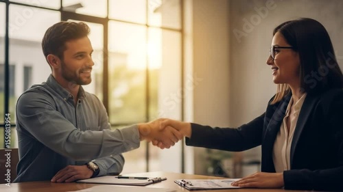 Smiling Man and Woman Shaking Hands During a Meeting in Office