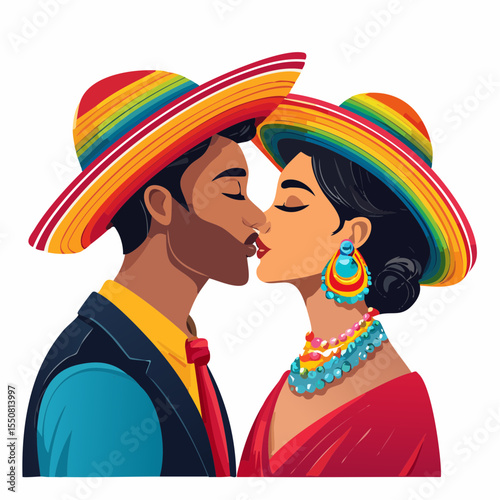Diverse couple wearing vibrant rainbow accessories and traditional Mexican attire share a romantic kiss, celebrating love and unity during Pride Month LGBTQ with colorful hats and jewelry