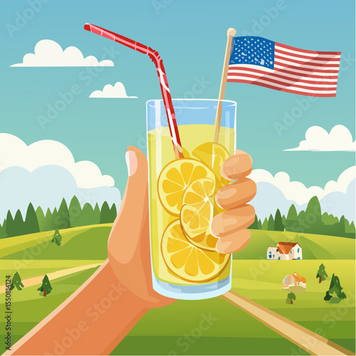 Hand holding refreshing lemonade glass with red and white striped straw, featuring 4th of July decorations, against a vibrant outdoor landscape with green hills and blue sky