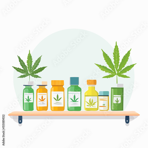 Colorful collection of herbal medicine bottles displayed on a wooden shelf, featuring cannabis leaves, showcasing natural remedies and wellness products in a vibrant setting