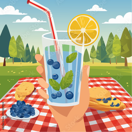 Hand holding refreshing lemonade glass with blueberries, mint, and straw, set against festive 4th of July picnic decorations and vibrant outdoor scenery