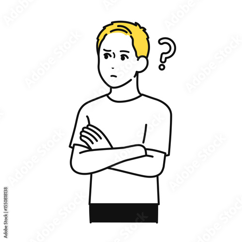 腕組み 考え事 Tシャツ 若い男性 イラスト 素材
