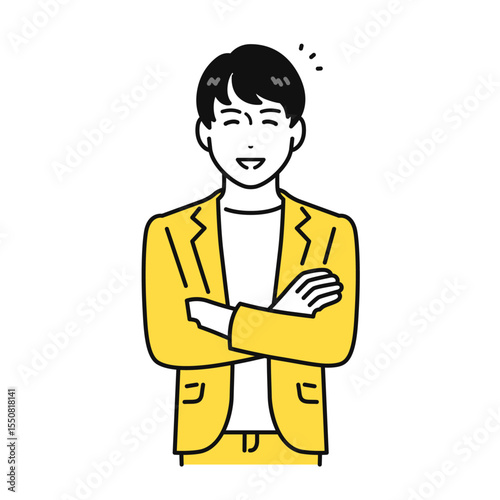 笑顔 成功 解決 腕組み ジャケット 若い男性 イラスト 素材