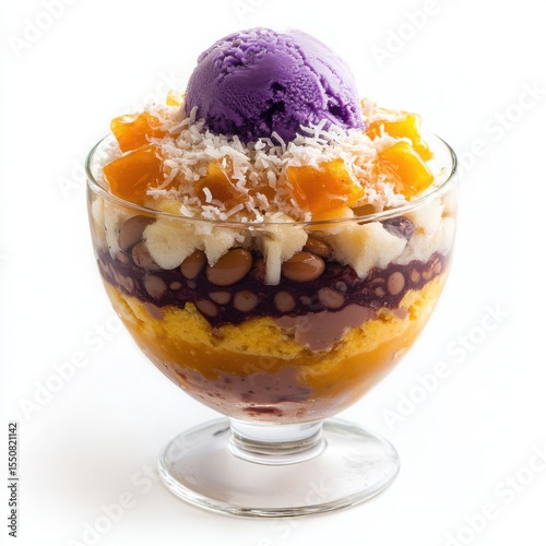 A different delicious Filipino dessert, Halo-Halo, served in a glass bowl with layers of crushed ice, 