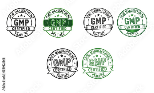 GMP certified good manufacturing practice stamps on white background