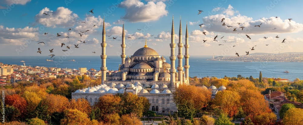 Obraz premium Blue Mosque in Istanbul, Turkey Surrounded by Autumn Trees and Birds in Flight