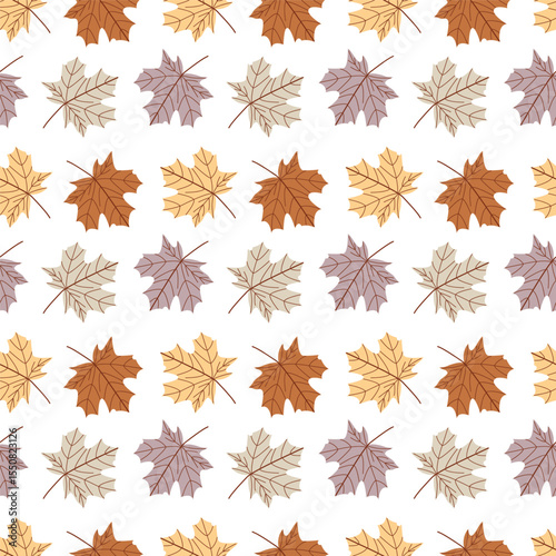 Hand-drawn seamless pattern with maple leaves in soft autumn tones. Includes beige, orange, and pastel colors. Great for seasonal design and textiles.