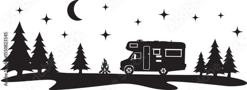 Camping Camper Van, Camper, Motorhome, Campfire in the Woods, Happy Camper , 