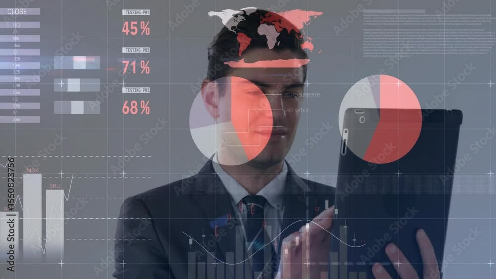 man tapping and swiping tablet screen activating animated financial charts and meters in tech demo