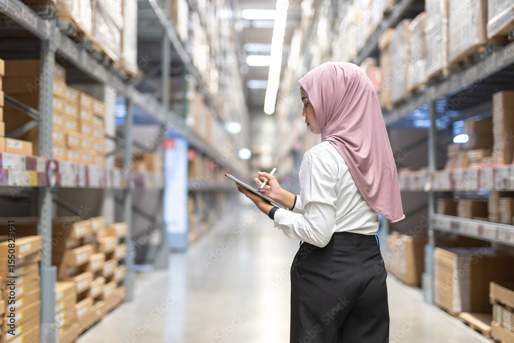 Young muslim women wearing hijab smiles while holding tablet checking goods stock inspacious warehouse. Female islamic worker at large storage facility. Young muslim women wearing hijab smiles while holding tablet checking goods stock inspacious warehouse. Female islamic worker at large storage facility.