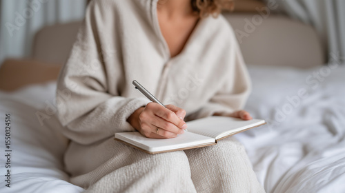 Woman in comfortable white sweater writing in journal on bed for morning wellness and self care routine