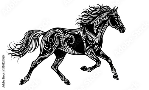 Ornate black horse galloping on white background