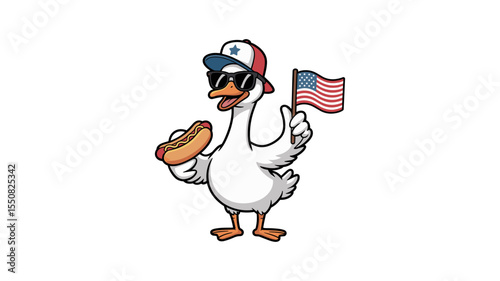 Patriotic Cartoon Goose with Holding a American Flag, Hot Dog, and Wearing a Sunglasses