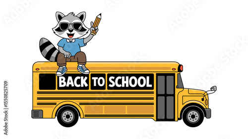 Cute Cartoon Raccoon Student on School Bus for Back to School