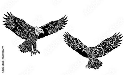 Two ornate eagles in flight on white background
