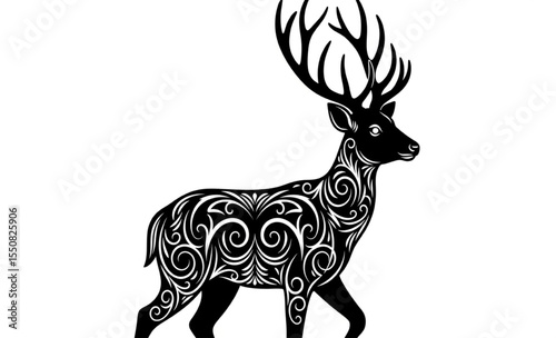 Ornate deer silhouette on white background
