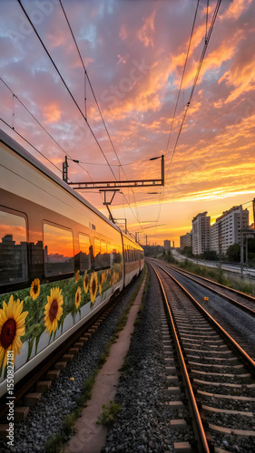Modern Train Departing at Sunset, Motion Blur, Urban Railway Scene 