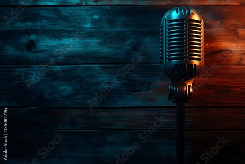Classic mic glowing softly dark wooden surface beneath slight shadow play for depth
