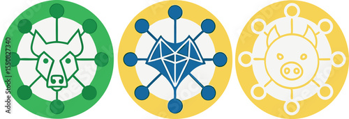 Symbolic illustrations of bull diamond and pig featuring geometric circle designs