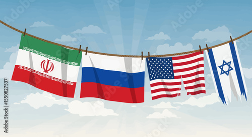 International Relations Flags of Iran, Russia, USA, and Israel