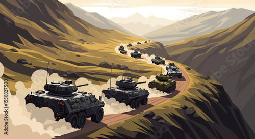 Military Convoy Ascending Mountain Pass Dramatic Illustration