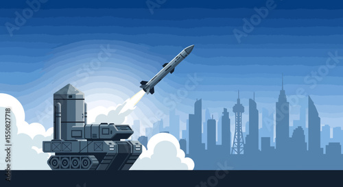 Missile Launch over City Skyline Military Technology Illustration