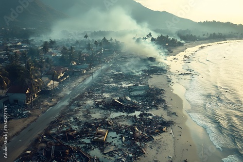 An aerial shot of a coastal area devastated by a tsunami, with only debris and empty streets remaining after the wave recedes. 