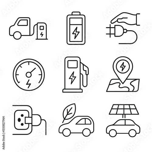 Electric vehicle icon set featuring charging and energy symbols  