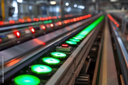Abstract composition showing rows of glowing LED lights being tested on a factory assembly line, with bright green and red tones. 