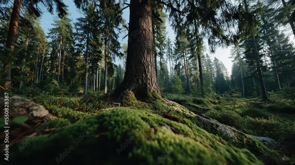Fototapeta premium Serene Forest: Mossy Ground, Towering Trees