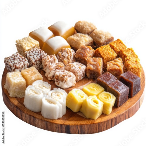 A different delicious Filipino dessert, Kakanin assortment served on a rustic wooden platter