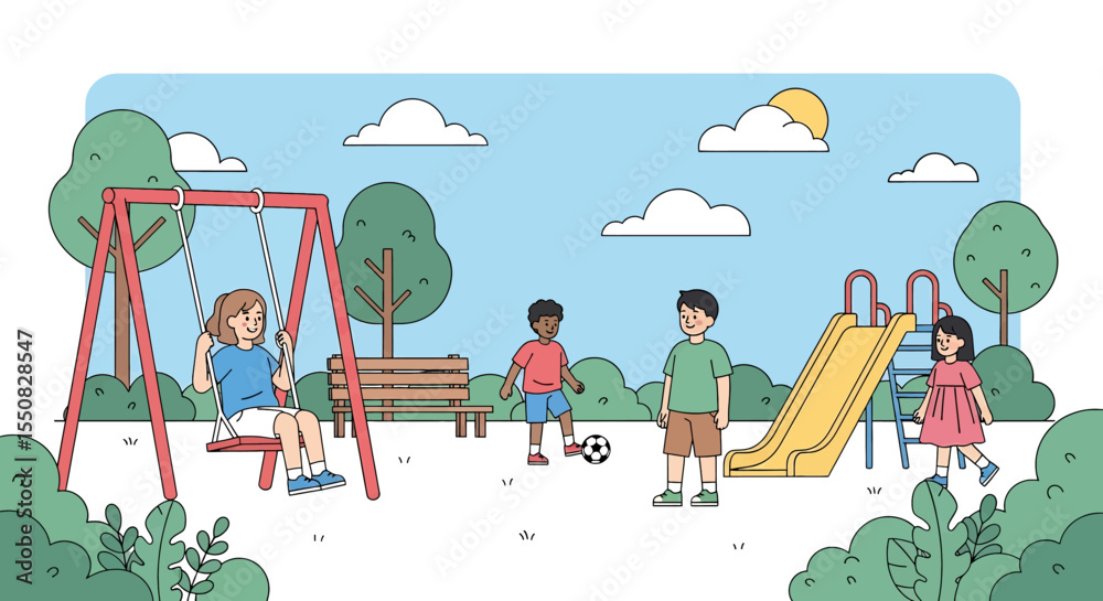 Fototapeta premium Adobe illustrator artwork vector illustration of children playing joyfully on a colorful playground, swinging, sliding, and playing basketball on a sunny day