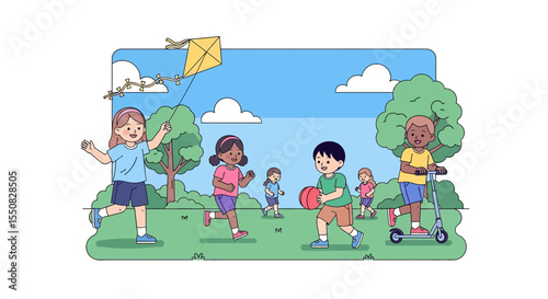 Adobe illustrator artwork vector illustration of a lively summer park scene where diverse kids enjoy various outdoor activities like playing in a treehouse, jumping rope, and exploring nature