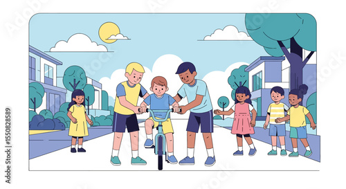 Adobe illustrator artwork vector illustration of kids learning to ride a bicycle. Friends support a young boy in a friendly neighborhood, a happy childhood moment