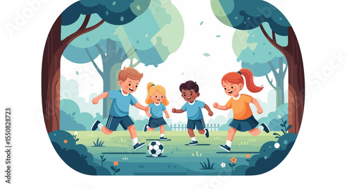 Adobe illustrator artwork vector illustration of a lively summer park scene where diverse kids enjoy various outdoor activities like playing football perfect for children's themes and summer fun