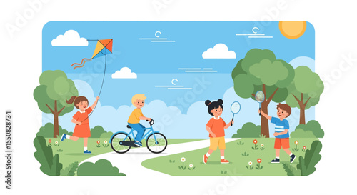 Adobe illustrator artwork vector illustration of a lively summer park scene where diverse kids enjoy various outdoor activities like playing in a kite, cycling, badminton perfect for children's themes