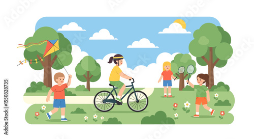 Adobe illustrator artwork vector illustration of a lively summer park scene where diverse kids enjoy various outdoor activities like playing in a kite, cycling, badminton perfect for children's themes